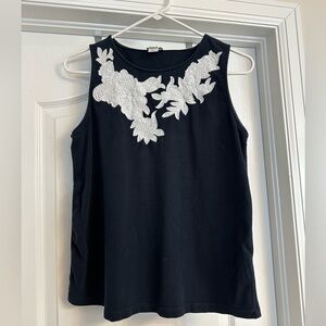 J Crew Factory navy tank with embroidered lace appliqué. Size small